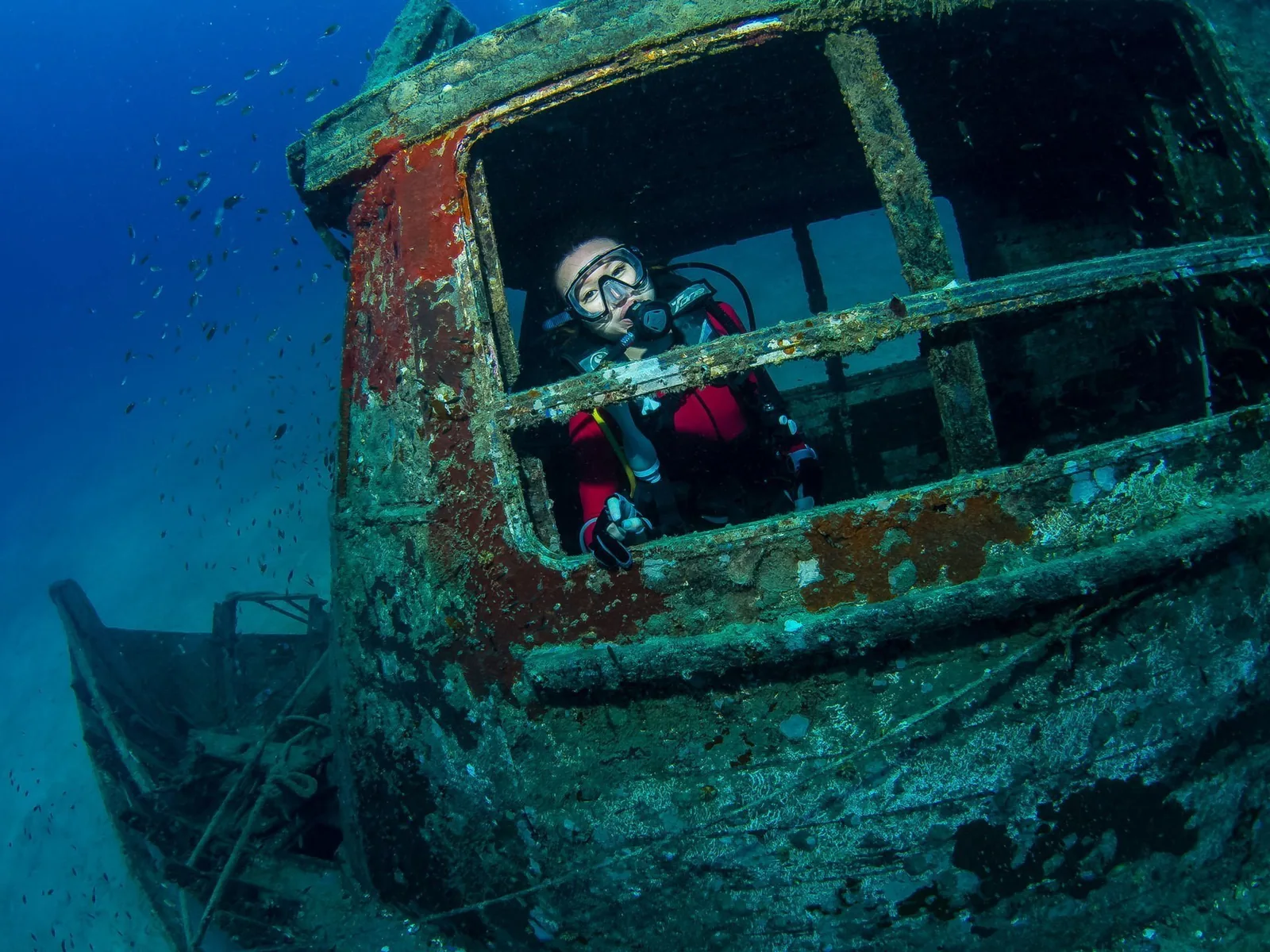 A scuba diver beside a coral-covered underwater wreck