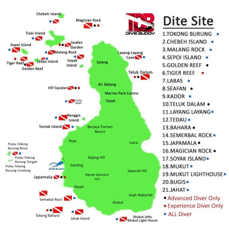 TDB’s Tioman Island overview map, with named dive sites around the island and Genting on the west coast