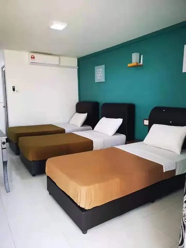 Three single beds in an Idaman room with a teal feature wall